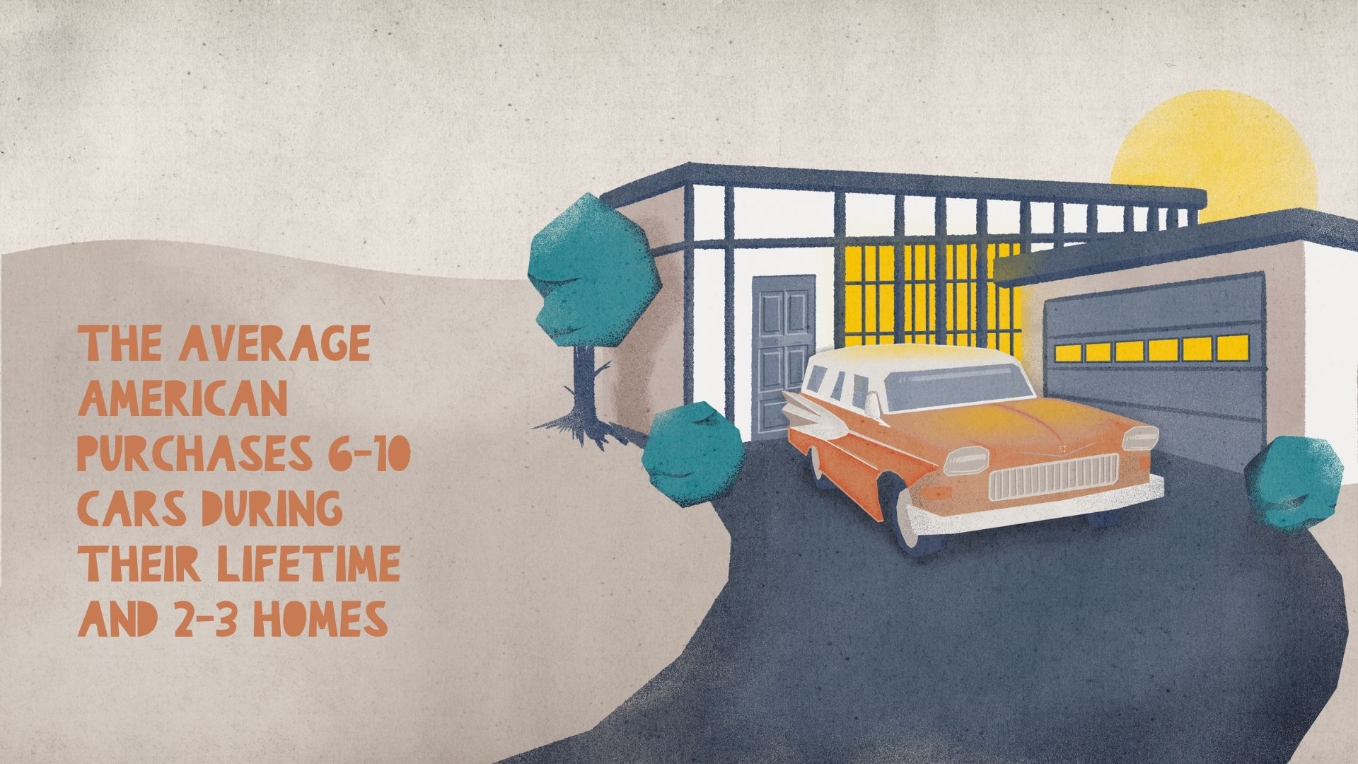 An illustration of a car in the driveway of a midcentury modern home, created for a financial advisory firm's presentation.