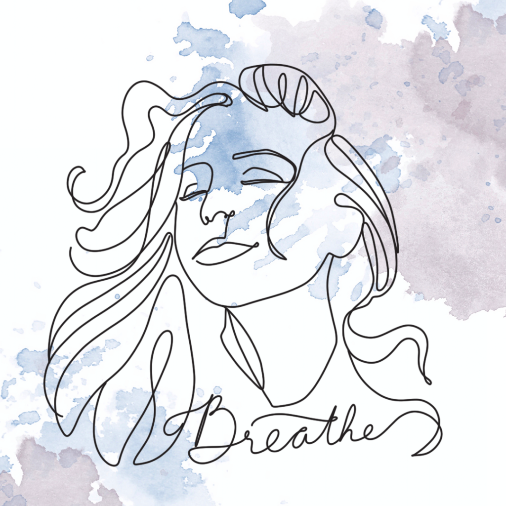 Graphic Illustration of a continuous line drawing of a woman and script copy that says Breathe