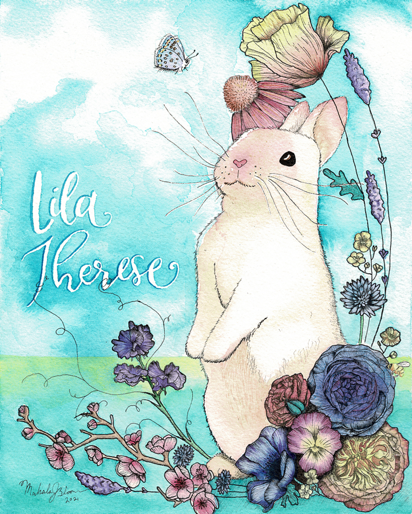 Watercolor illustration of a rabbit and wildflowers for a gift.